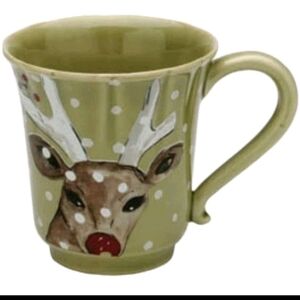 Casafina Deer Friends Mug Pair Red Nosed Reindeer Polka Dot Print On Green Sage